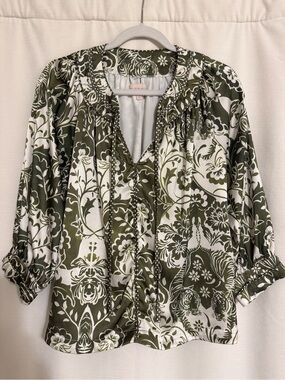 Ciebon Olive Green Floral Peasant Blouse with Split V-Neck